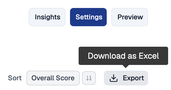 Top right corner of the assessment results page with the Insights, Settings and Preview buttons, the Sort control set to Overall Score, and the Export button showing a Download as Excel tooltip