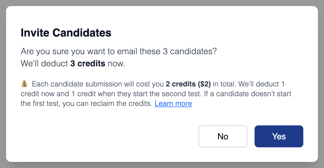 Invite Candidates dialog asking to confirm emailing three candidates, stating that 3 credits are deducted now and that each submission costs 2 credits in total, with No and Yes buttons