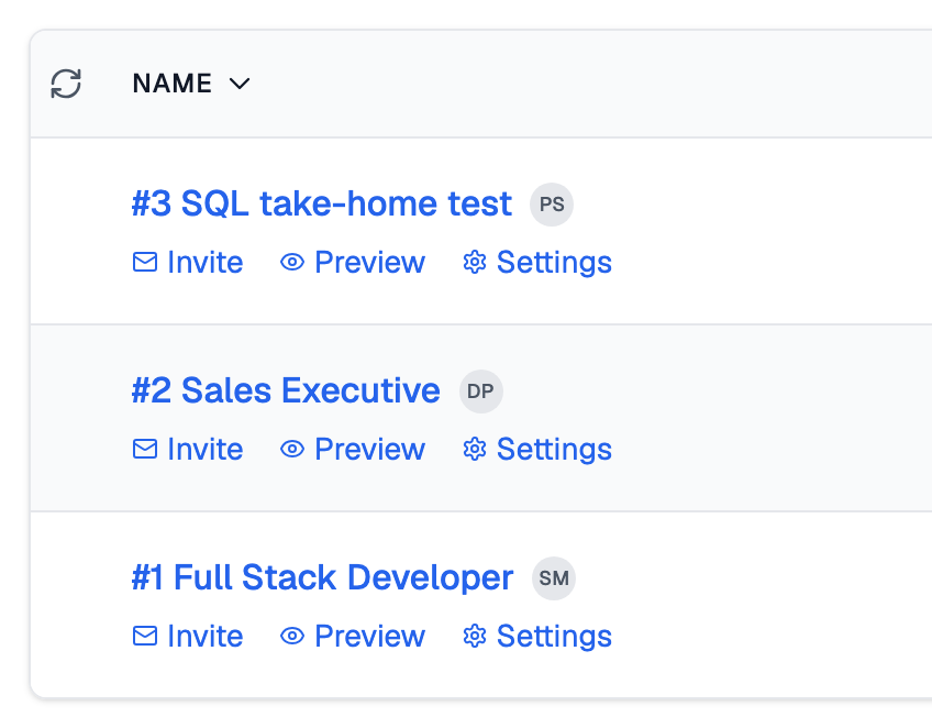 Name column of the Assessments dashboard listing three assessments, each with its owner's initials beside the name and Invite, Preview and Settings links under it