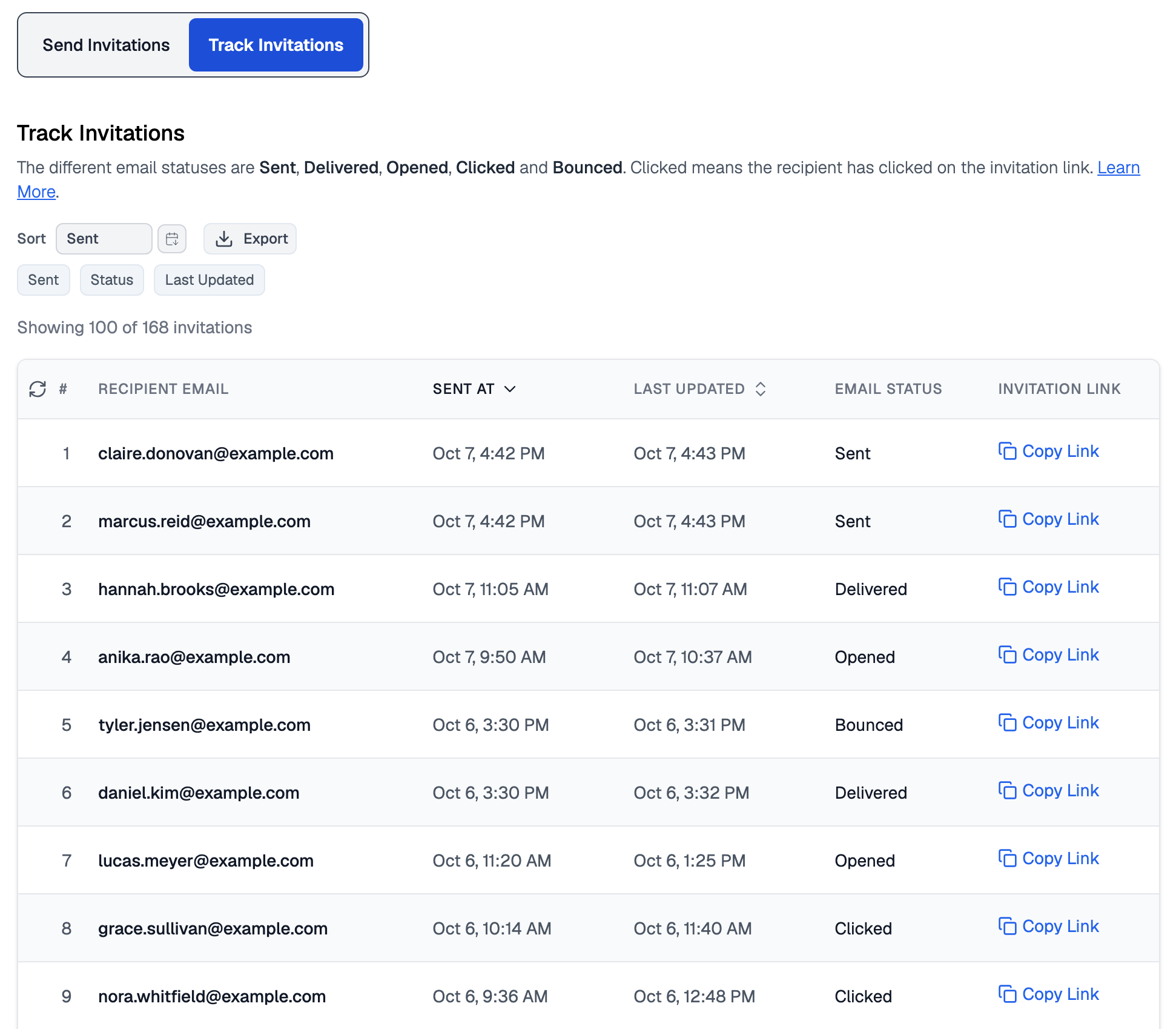 Track Invitations tab selected on the invite page, with the line naming the five email statuses, the Sort and filter controls and the invitation count, then the nine newest rows of the table with Sent At, Last Updated, Email Status and Invitation Link columns, showing Sent, Delivered, Opened, Bounced and Clicked statuses