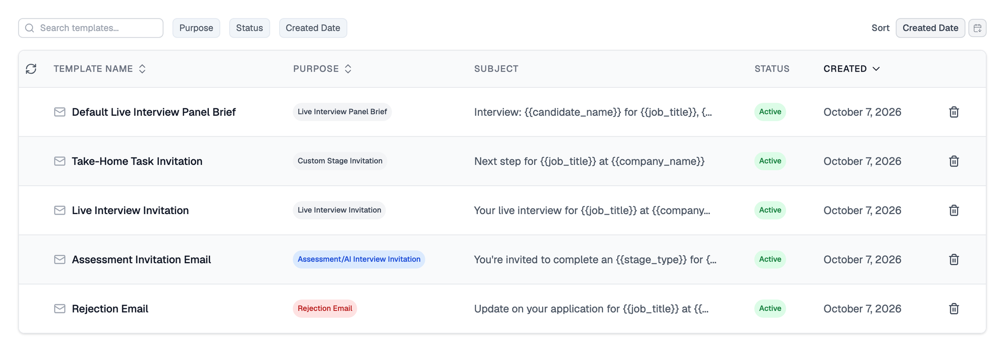 Stage Transition Emails list with five templates, Default Live Interview Panel Brief, Take-Home Task Invitation, Live Interview Invitation, Assessment Invitation Email and Rejection Email, each with a purpose tag, subject line, Active status and created date
