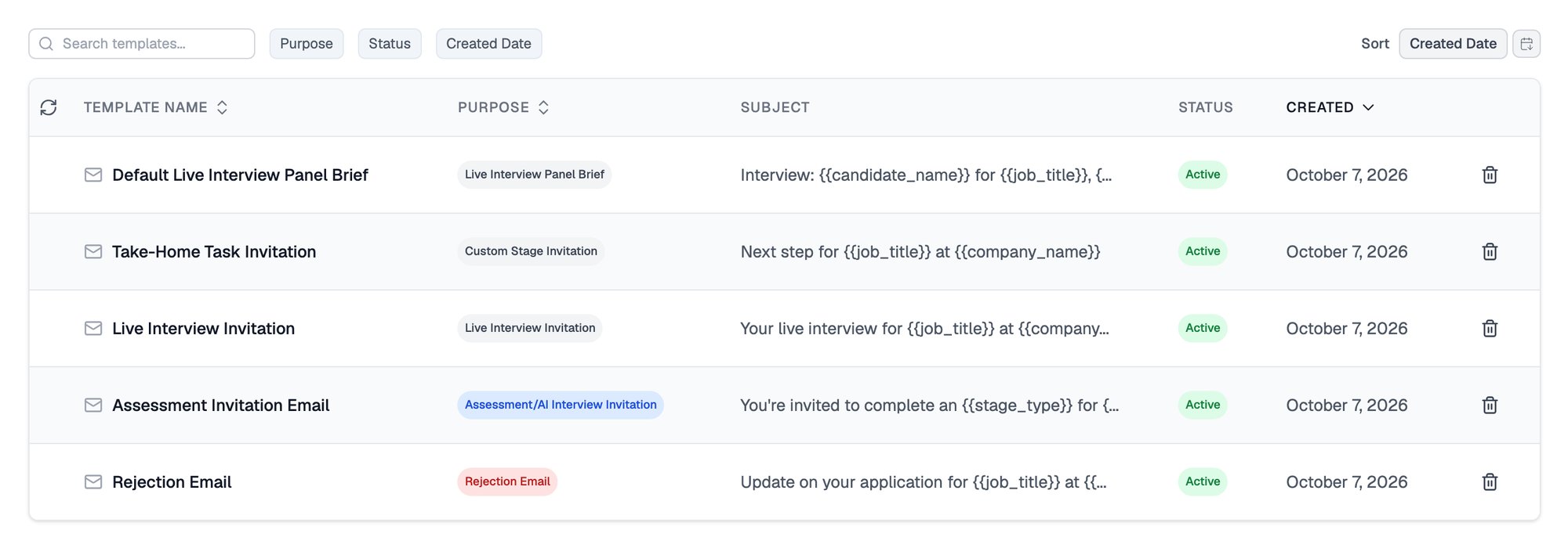 Stage Transition Emails list with five templates, Default Live Interview Panel Brief, Take-Home Task Invitation, Live Interview Invitation, Assessment Invitation Email and Rejection Email, each with a purpose tag, subject line, Active status and created date