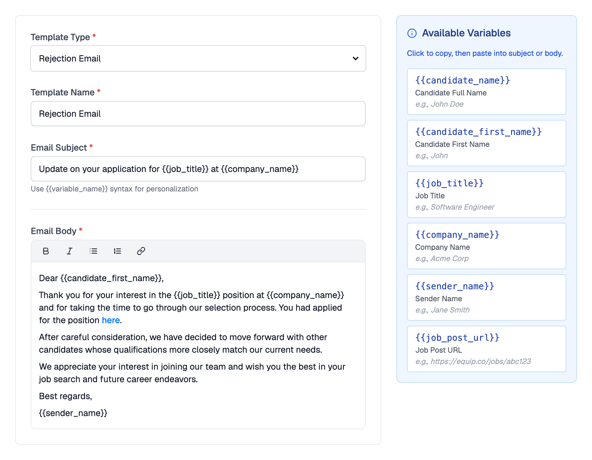 Edit Email Template screen with the template form on the left and the Available Variables panel on the right listing candidate name, job title, company name, sender name, and job post URL