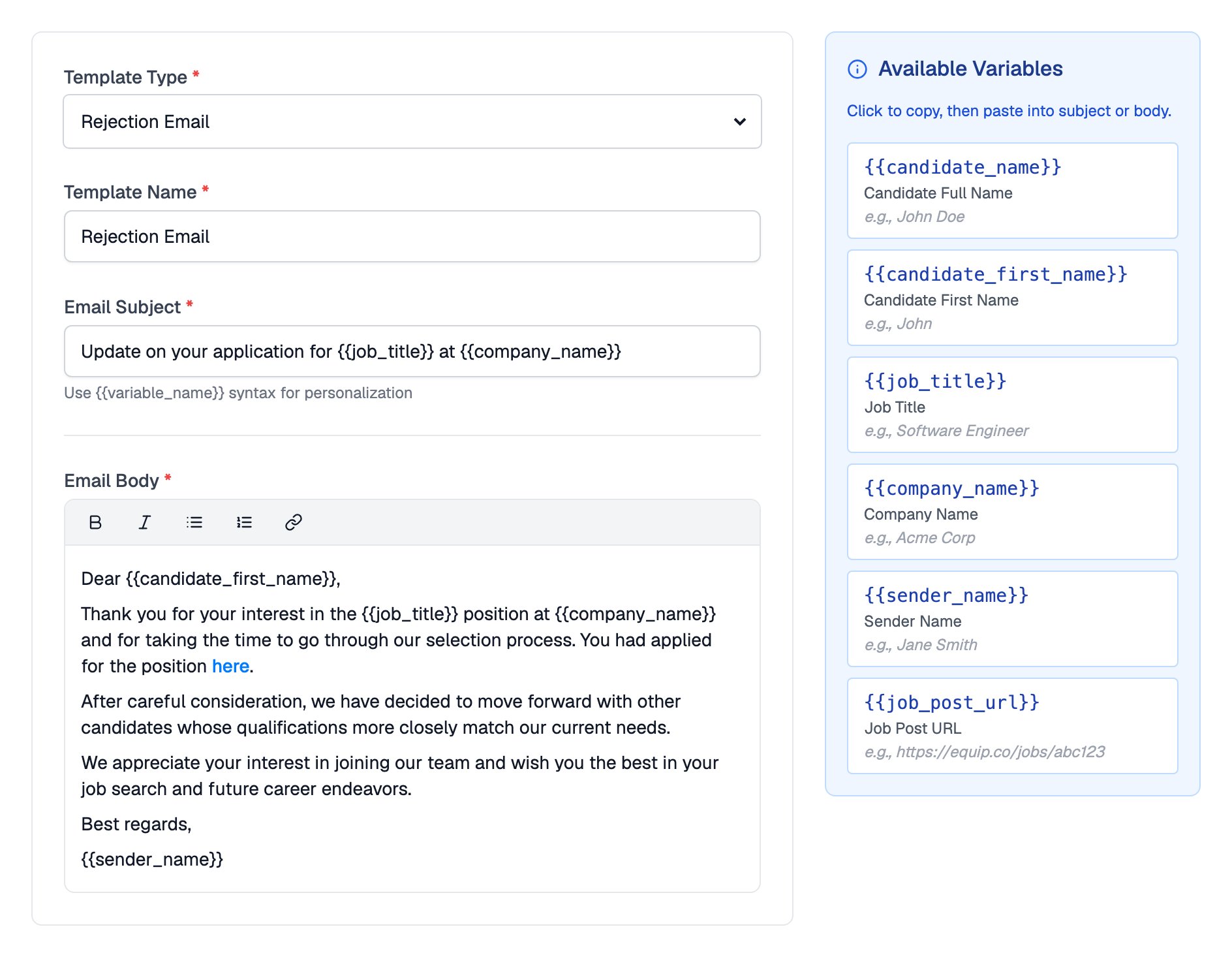 Edit Email Template screen with the template form on the left and the Available Variables panel on the right listing candidate name, job title, company name, sender name, and job post URL