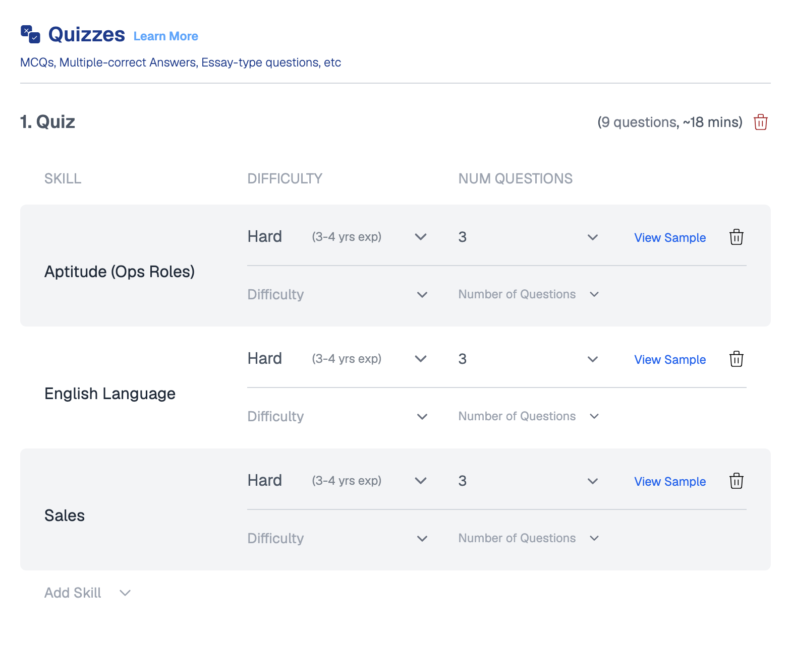 Quizzes section of the Tests tab with one quiz of 9 questions covering Aptitude (Ops Roles), English Language and Sales, each set to Hard difficulty with 3 questions and a View Sample link