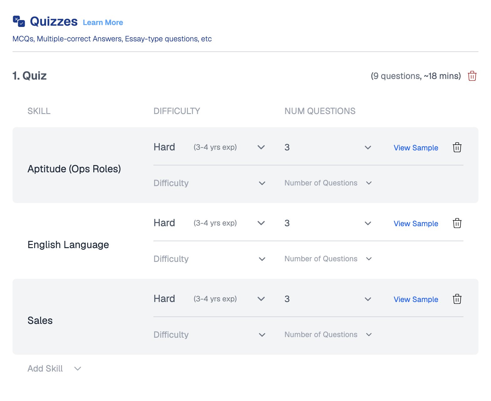 Quizzes section of the Tests tab with one quiz of 9 questions covering Aptitude (Ops Roles), English Language and Sales, each set to Hard difficulty with 3 questions and a View Sample link
