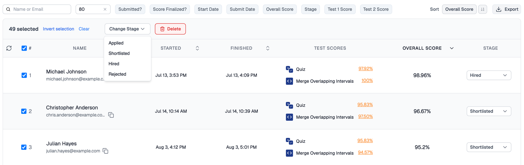 Full Stack Developer results filtered with a cut-off of 80, all 49 remaining candidates selected, and the Change Stage menu open with Applied, Shortlisted, Hired and Rejected