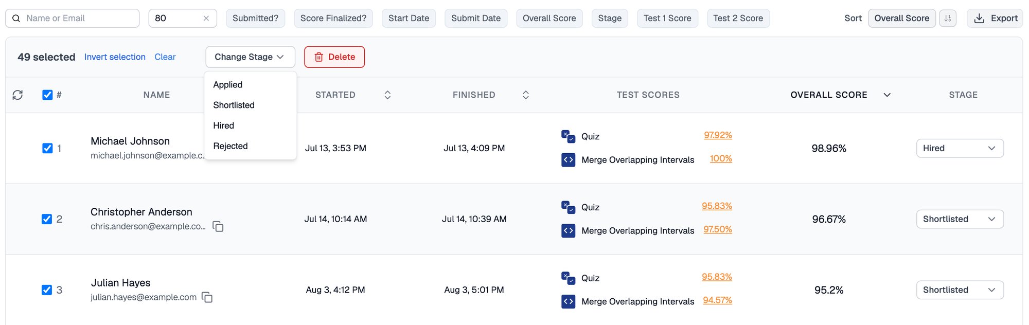 Full Stack Developer results filtered with a cut-off of 80, all 49 remaining candidates selected, and the Change Stage menu open with Applied, Shortlisted, Hired and Rejected