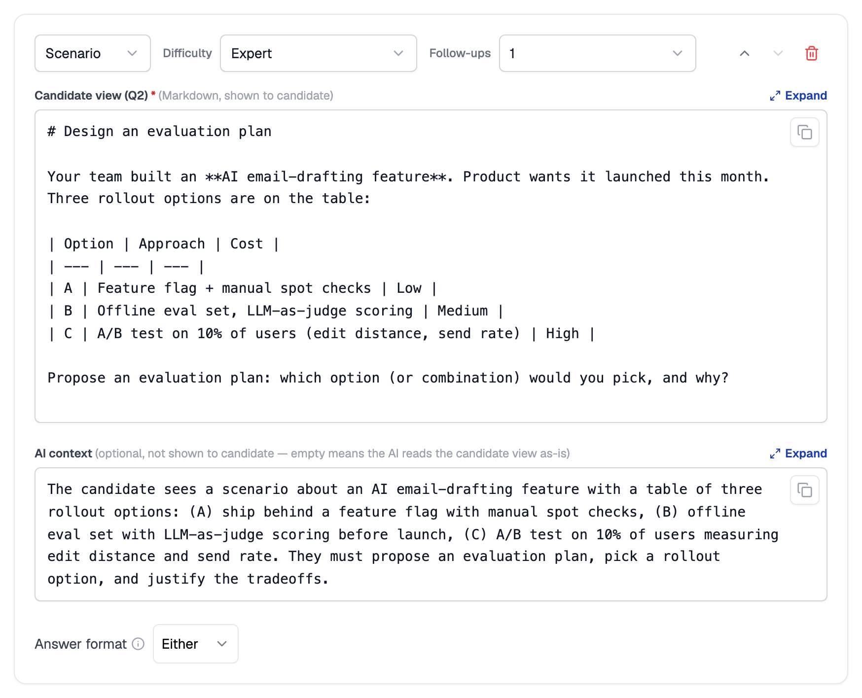 Scenario item with Difficulty Expert and 1 follow-up, a Candidate view field in Markdown titled Design an evaluation plan, an AI context field describing the scenario for the AI, and Answer format set to Either