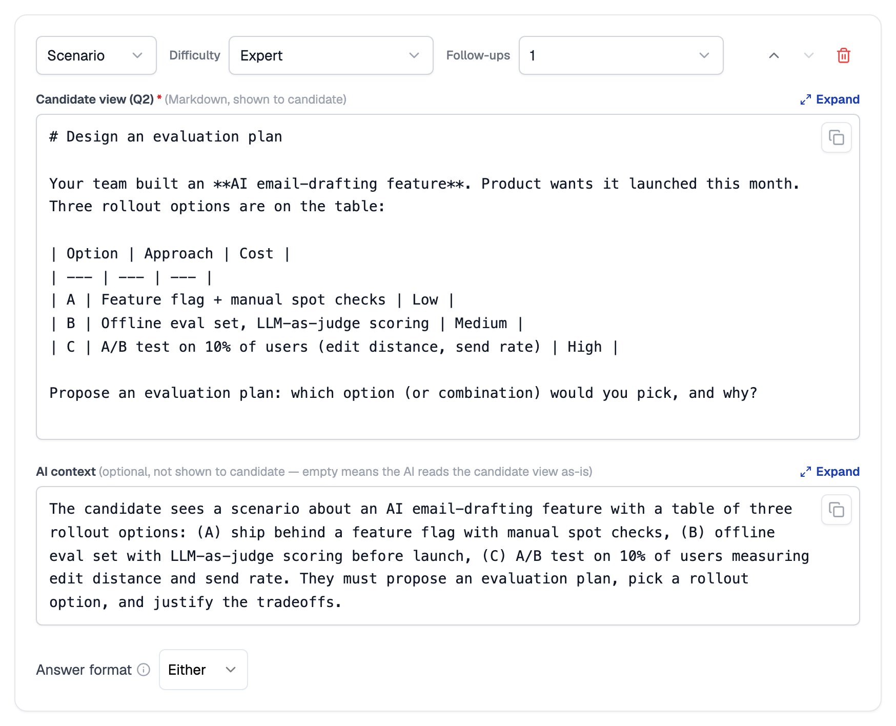 Scenario item with Difficulty Expert and 1 follow-up, a Candidate view field in Markdown titled Design an evaluation plan, an AI context field describing the scenario for the AI, and Answer format set to Either