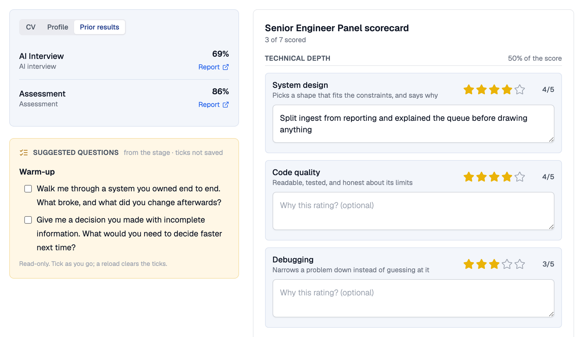 Scoring page for Kevin Smith's Hiring Manager Call as Priya Sharma, with the Prior results tab showing his AI interview and assessment scores, the stage's suggested questions, and the Senior Engineer Panel scorecard with star ratings on the Technical depth criteria