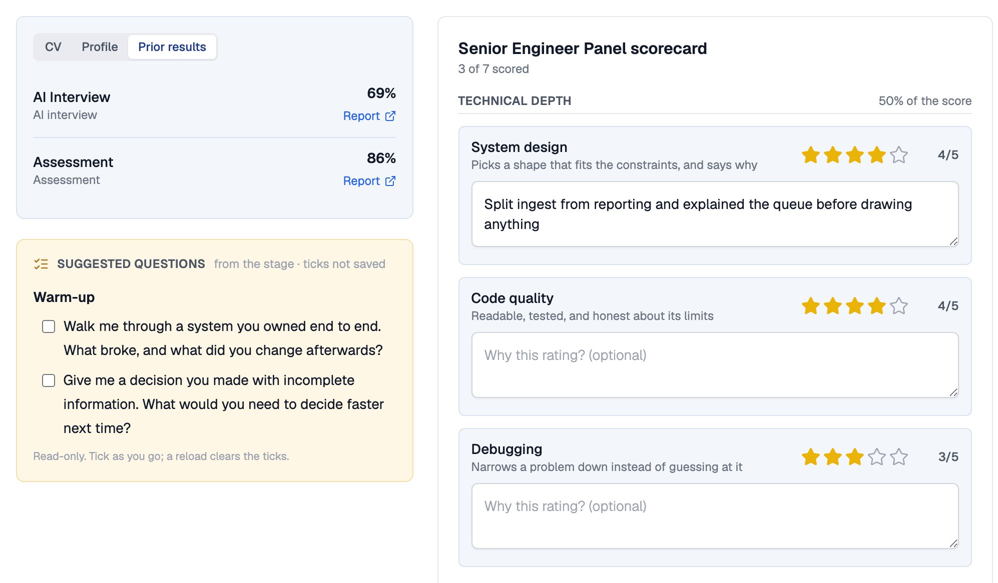 Scoring page for Kevin Smith's Hiring Manager Call as Priya Sharma, with the Prior results tab showing his AI interview and assessment scores, the stage's suggested questions, and the Senior Engineer Panel scorecard with star ratings on the Technical depth criteria