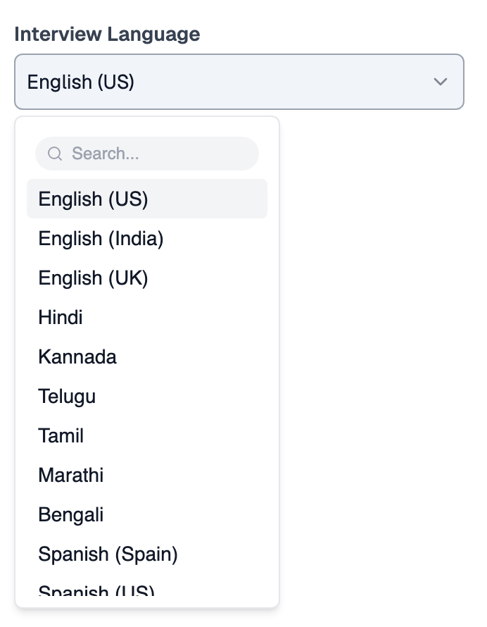 Interview Language dropdown open on a conversational interview's settings page, set to English (US), listing English (US), English (India), English (UK), Hindi, Kannada, Telugu, Tamil, Marathi, Bengali and Spanish (Spain), with more below