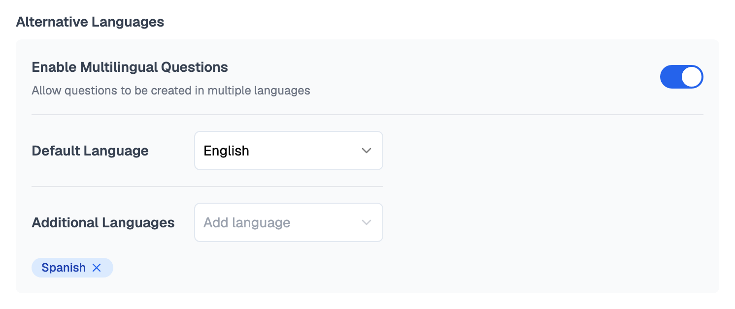 Alternative Languages section of a one-way template's settings with Enable Multilingual Questions switched on, Default Language set to English, an Additional Languages picker, and Spanish added as a language chip