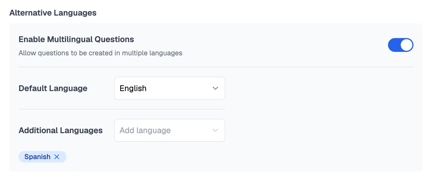 Alternative Languages section of a one-way template's settings with Enable Multilingual Questions switched on, Default Language set to English, an Additional Languages picker, and Spanish added as a language chip