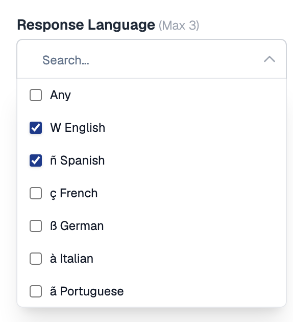 Response Language selector open on Question 1 of a one-way template, with English and Spanish ticked and Any, French, German, Italian and Portuguese unticked