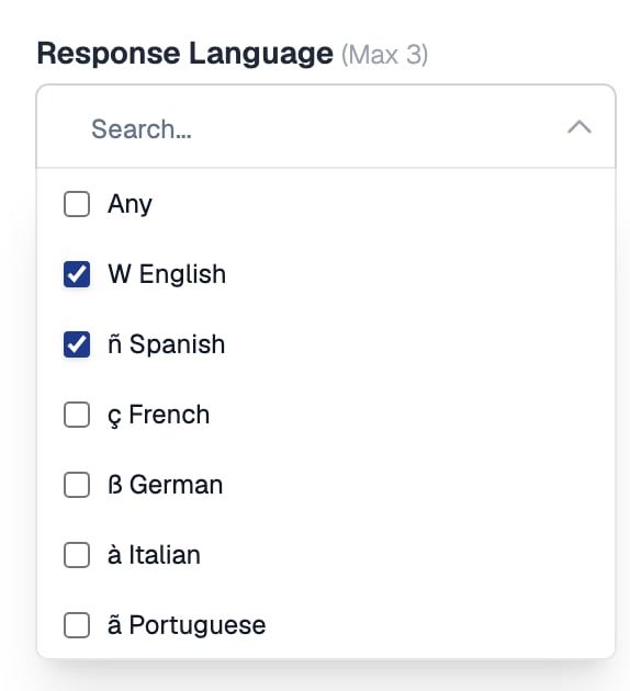 Response Language selector open on Question 1 of a one-way template, with English and Spanish ticked and Any, French, German, Italian and Portuguese unticked
