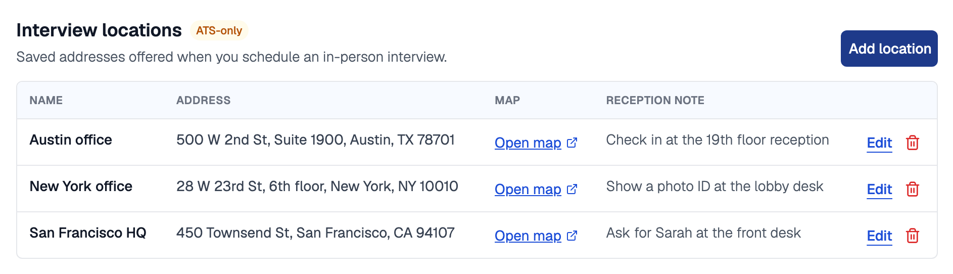 Interview locations section with Add location and a table of the Austin office, New York office and San Francisco HQ, each with a full address, an Open map link and a reception note