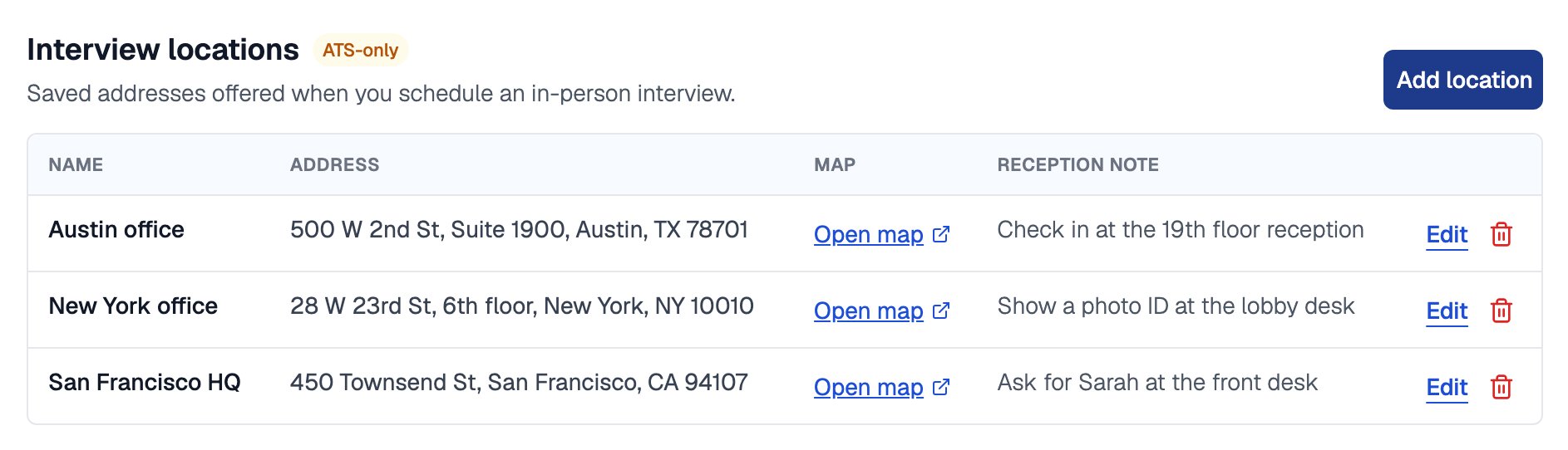 Interview locations section with Add location and a table of the Austin office, New York office and San Francisco HQ, each with a full address, an Open map link and a reception note