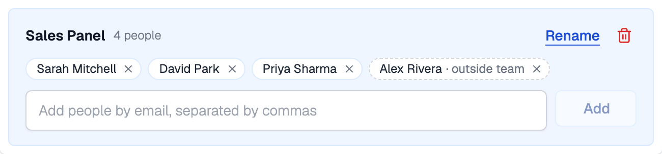 Sales Panel card on the Interviews tab with four people as chips, Sarah Mitchell, David Park, Priya Sharma and Alex Rivera marked outside team, and a field to add people by email