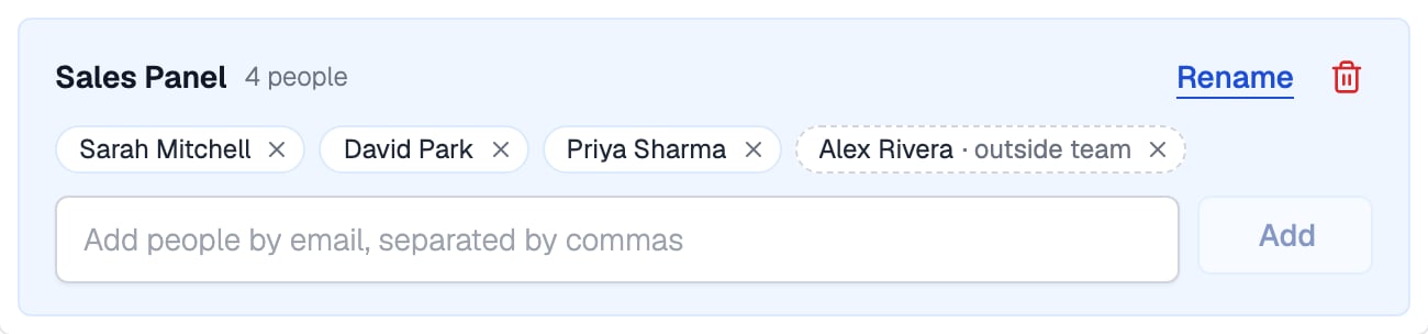 Sales Panel card on the Interviews tab with four people as chips, Sarah Mitchell, David Park, Priya Sharma and Alex Rivera marked outside team, and a field to add people by email