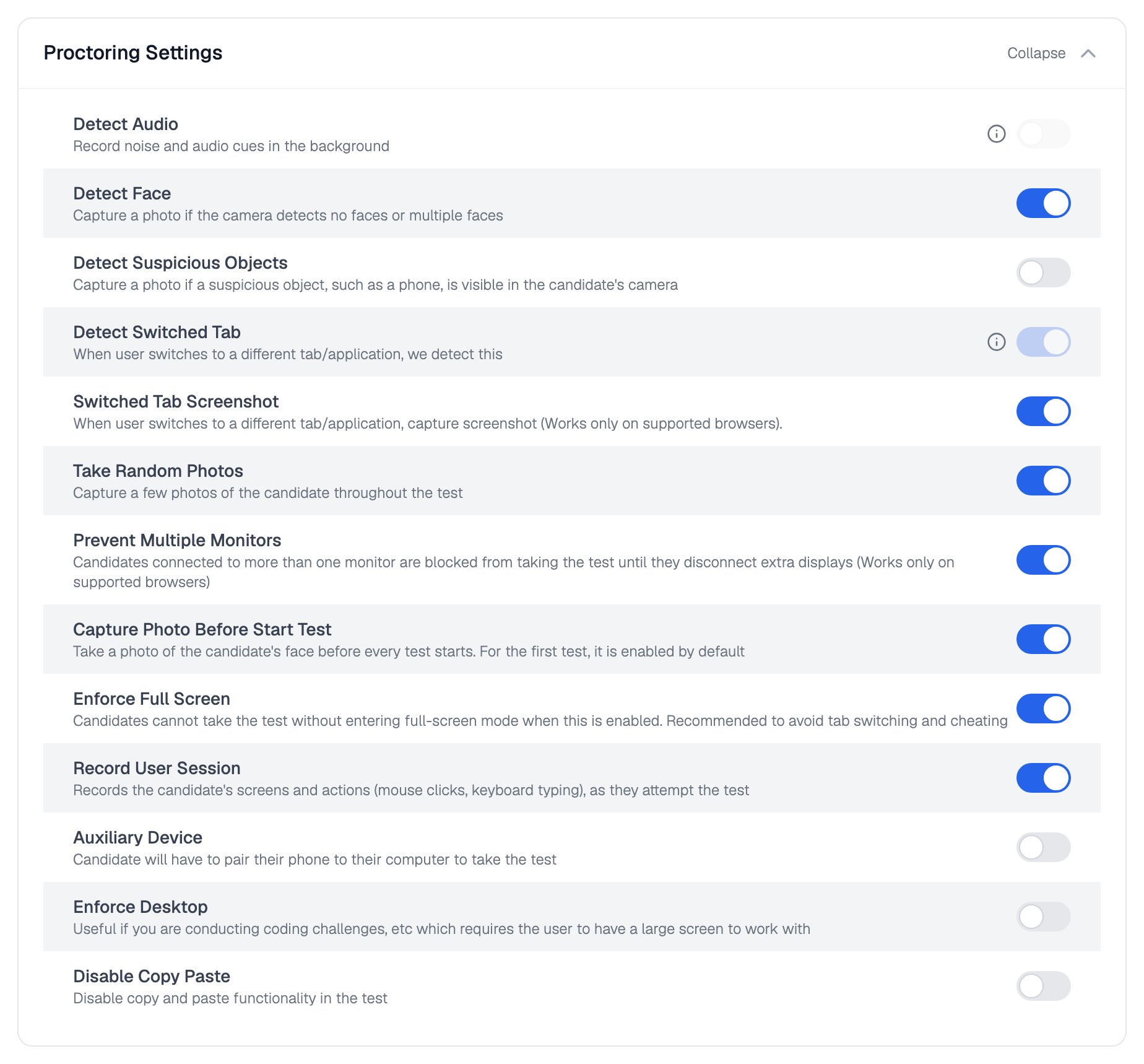 Proctoring Settings section expanded, listing Detect Audio (disabled), Detect Face, Detect Suspicious Objects, Detect Switched Tab, Switched Tab Screenshot, Take Random Photos, Prevent Multiple Monitors, Capture Photo Before Start Test, Enforce Full Screen, Record User Session, Auxiliary Device, Enforce Desktop and Disable Copy Paste, each with a toggle