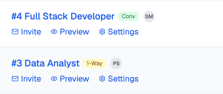 Two rows of the AI Interviews dashboard, number 4 Full Stack Developer tagged Conv and number 3 Data Analyst tagged 1-Way, each with Invite, Preview and Settings links under its name