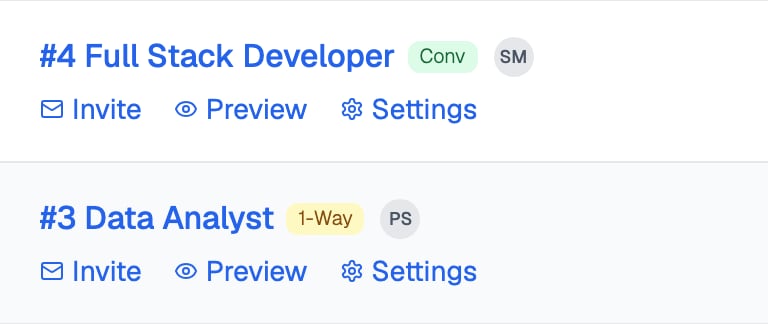 Two rows of the AI Interviews dashboard, number 4 Full Stack Developer tagged Conv and number 3 Data Analyst tagged 1-Way, each with Invite, Preview and Settings links under its name