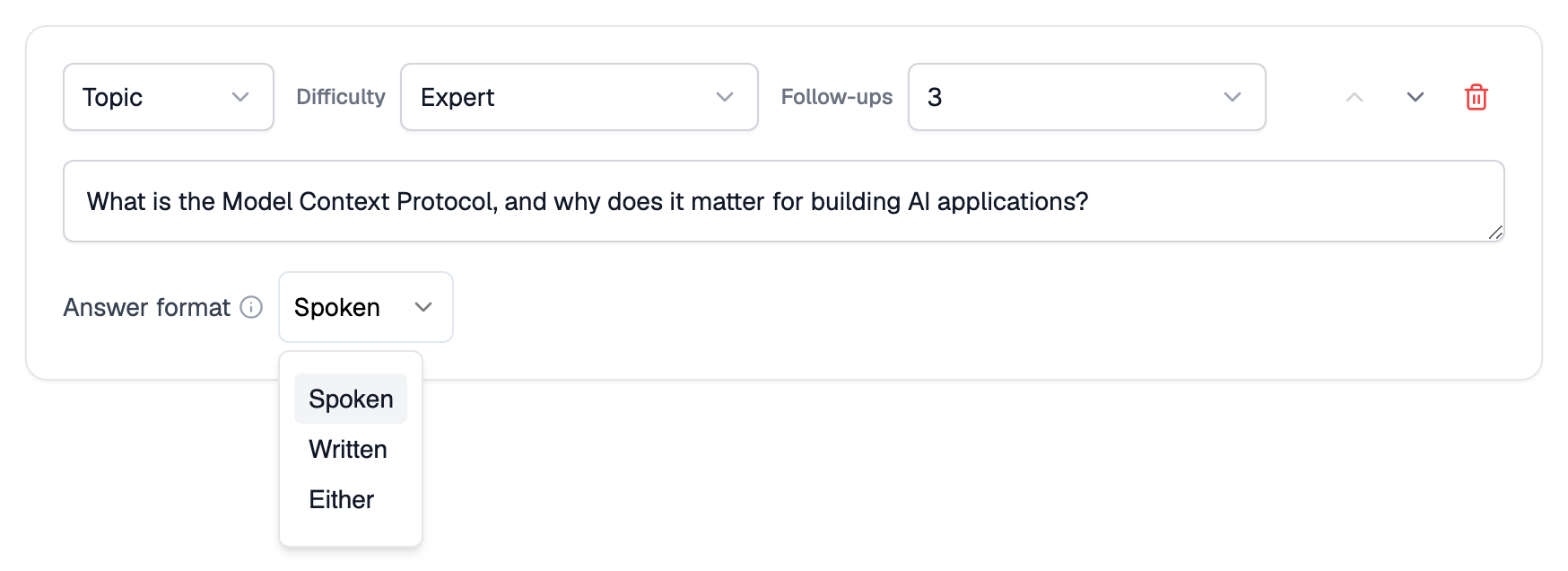 First topic of a conversational interview with its Answer format selector open, set to Spoken and listing Spoken, Written and Either