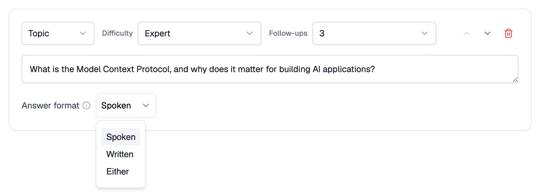 First topic of a conversational interview with its Answer format selector open, set to Spoken and listing Spoken, Written and Either