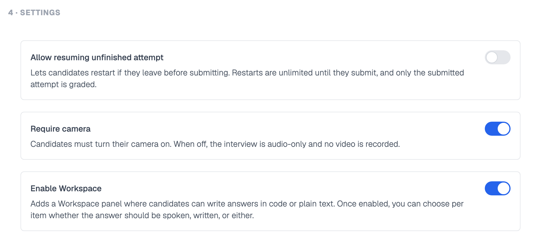 Settings section of a conversational interview with three toggles, Allow resuming unfinished attempt switched off, Require camera switched on, and Enable Workspace switched on with its description