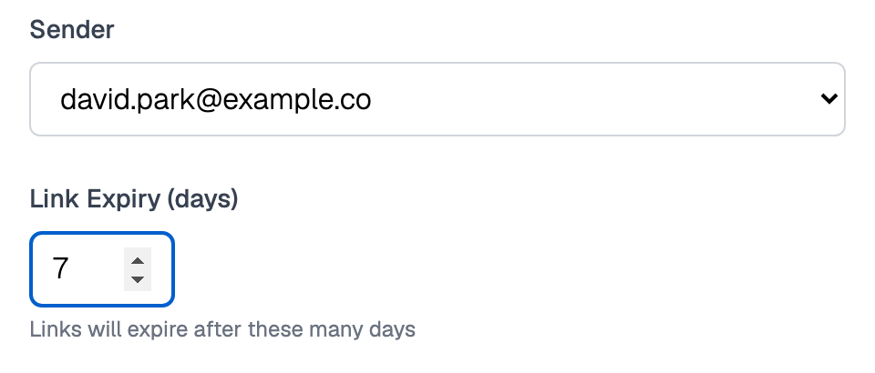 Send Invitations form showing the Sender dropdown and, below it, the Link Expiry (days) field focused with 7 typed in and the hint Links will expire after these many days