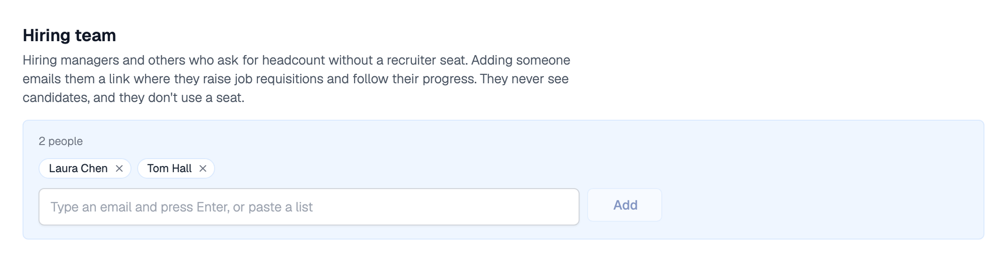Hiring team section on the People tab listing Laura Chen and Tom Hall, with a field to add people by email