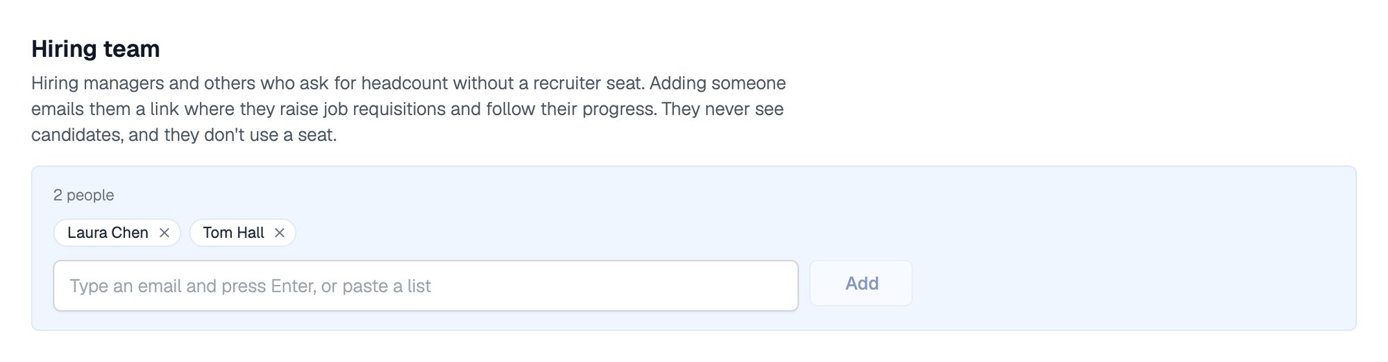 Hiring team section on the People tab listing Laura Chen and Tom Hall, with a field to add people by email