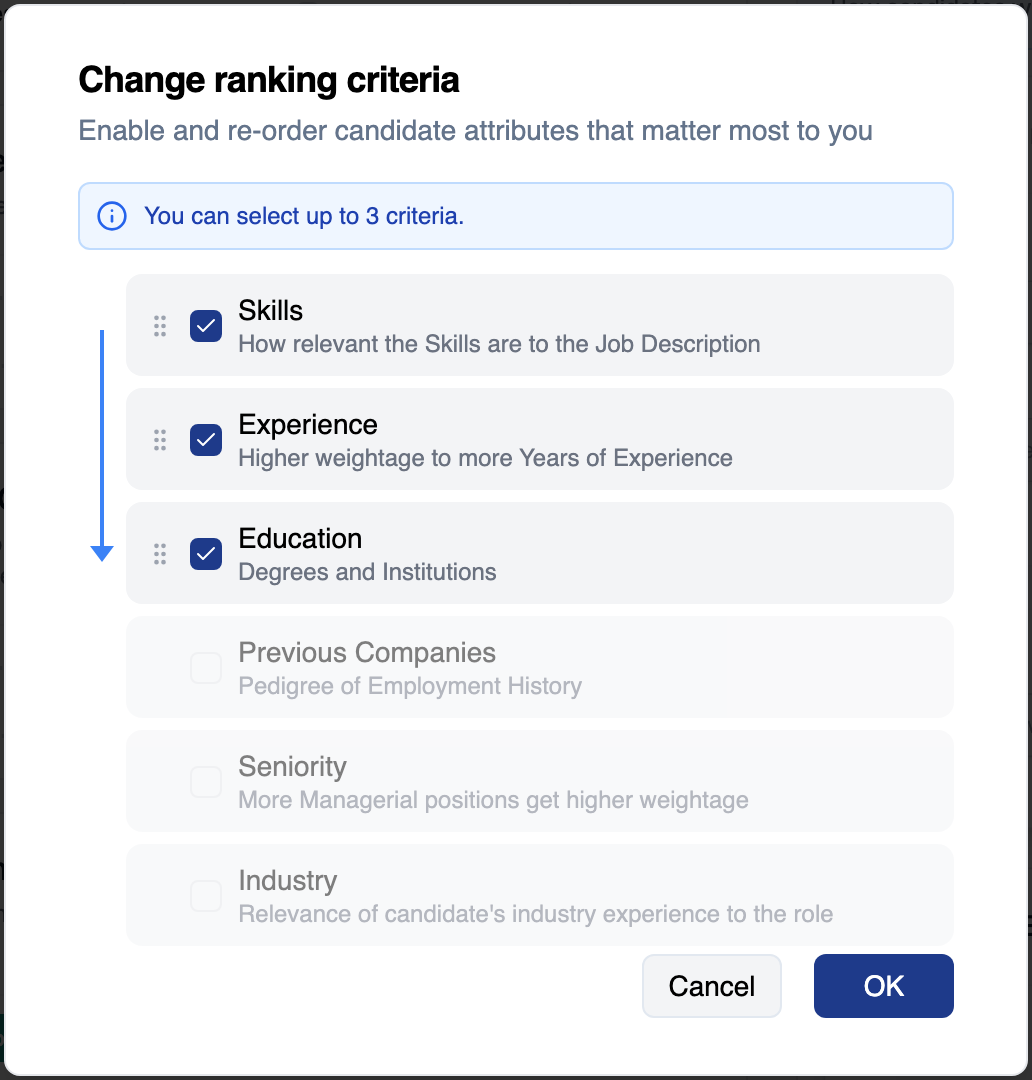 Change ranking criteria dialog with Skills, Experience and Education ticked and showing drag handles, and Previous Companies, Seniority and Industry unticked