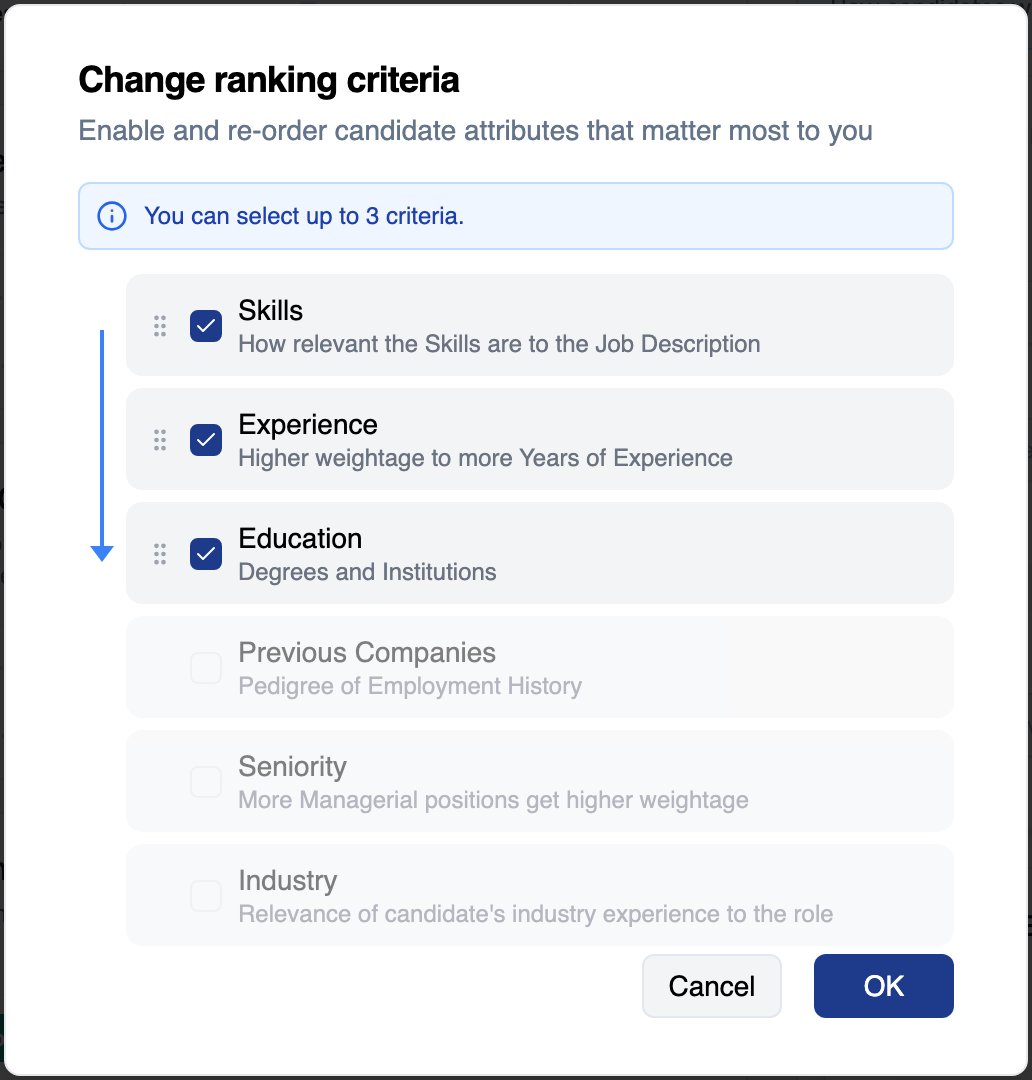 Change ranking criteria dialog with Skills, Experience and Education ticked and showing drag handles, and Previous Companies, Seniority and Industry unticked