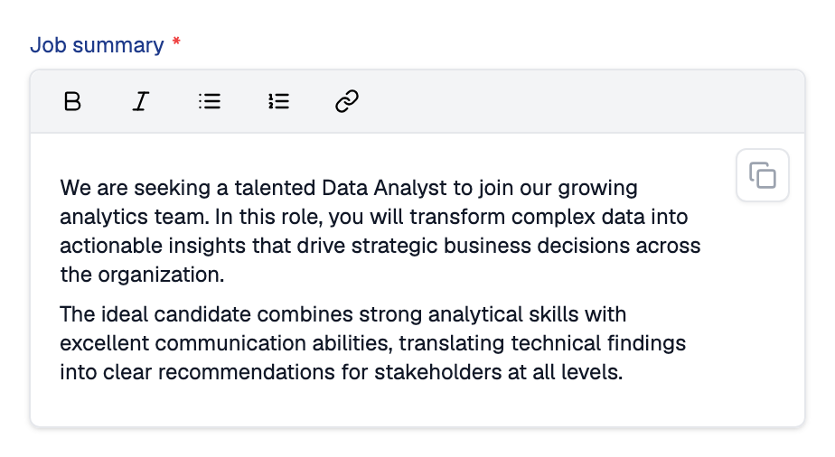 Job summary rich-text editor with a toolbar for bold, italic, bullet list, numbered list and link, holding a two-paragraph summary of a Data Analyst role