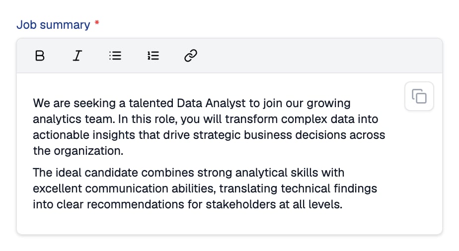 Job summary rich-text editor with a toolbar for bold, italic, bullet list, numbered list and link, holding a two-paragraph summary of a Data Analyst role