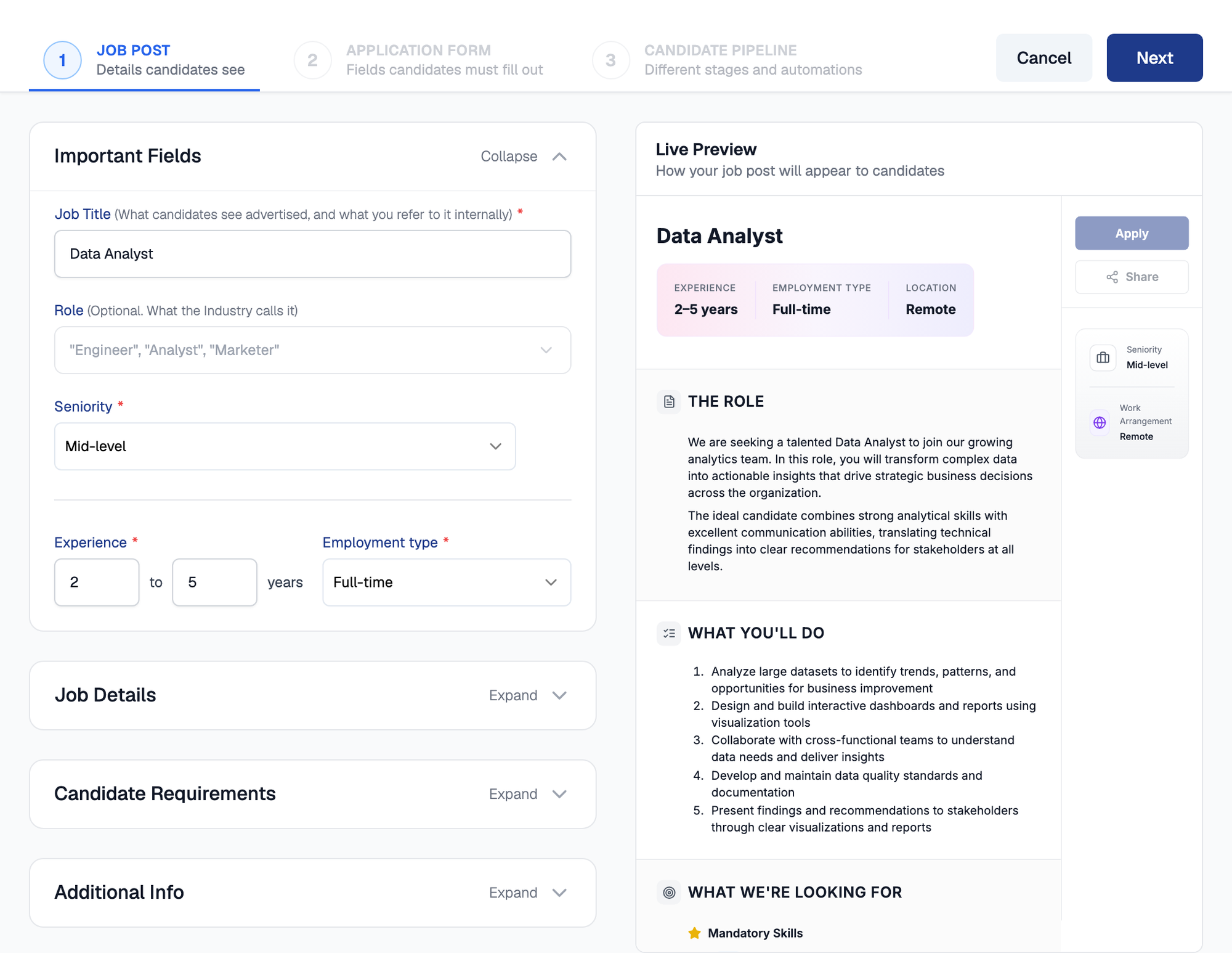 Job creation wizard on the Job Post step, with Important Fields open showing job title, role, seniority, experience and employment type, the Job Details, Candidate Requirements and Additional Info sections below it, and a live preview of the Data Analyst post on the right