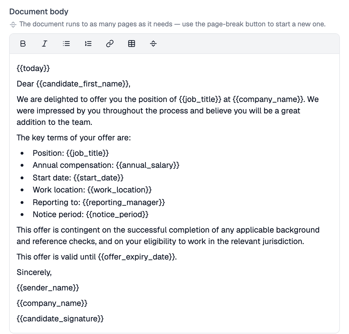 The Document body editor of the Offer Letter, with a formatting toolbar and an offer letter that uses placeholders for the job title, annual salary, start date, work location, reporting manager, notice period, offer expiry date and the candidate's signature