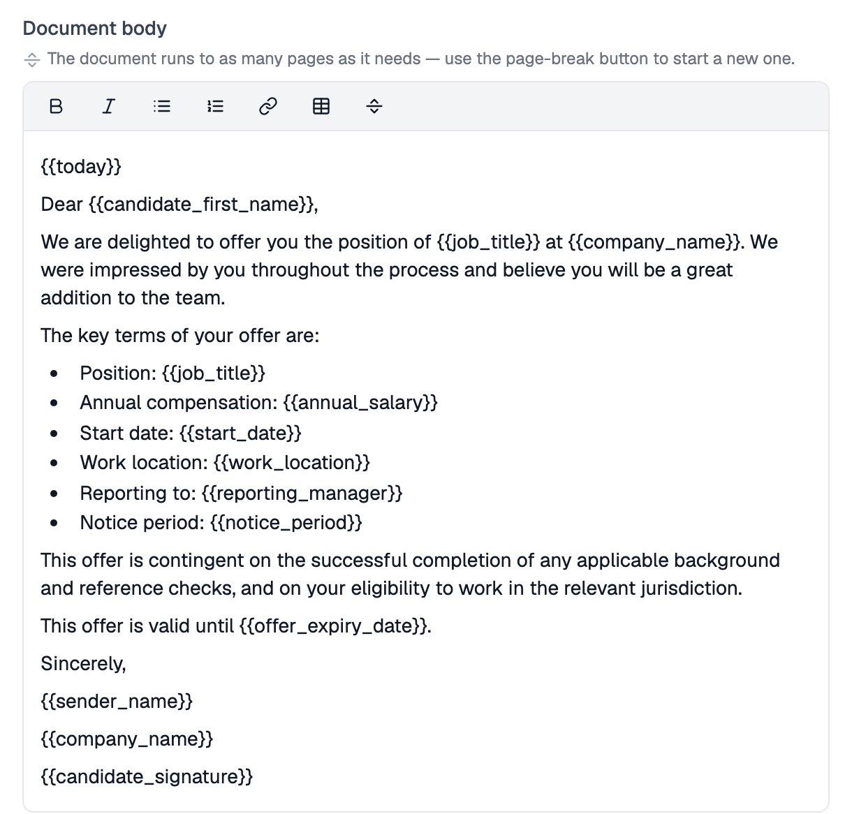 The Document body editor of the Offer Letter, with a formatting toolbar and an offer letter that uses placeholders for the job title, annual salary, start date, work location, reporting manager, notice period, offer expiry date and the candidate's signature