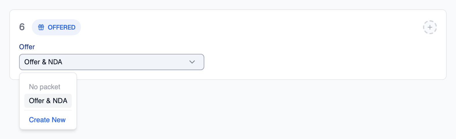 The Offered stage card in a job's Candidate Pipeline settings with the Offer dropdown open, listing No packet, Offer & NDA which is selected, and Create New