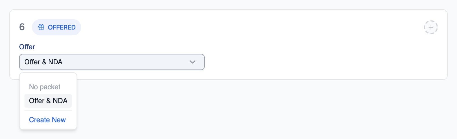 The Offered stage card in a job's Candidate Pipeline settings with the Offer dropdown open, listing No packet, Offer & NDA which is selected, and Create New