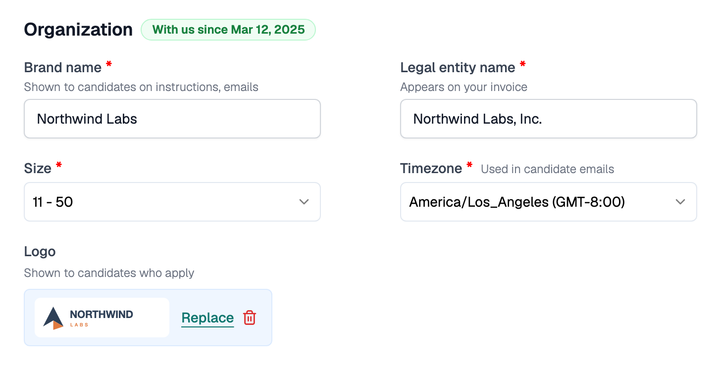 Organization section showing Brand Name, Legal Entity Name, Size, Timezone, Industry, and Default Dashboard filled in for Northwind Labs