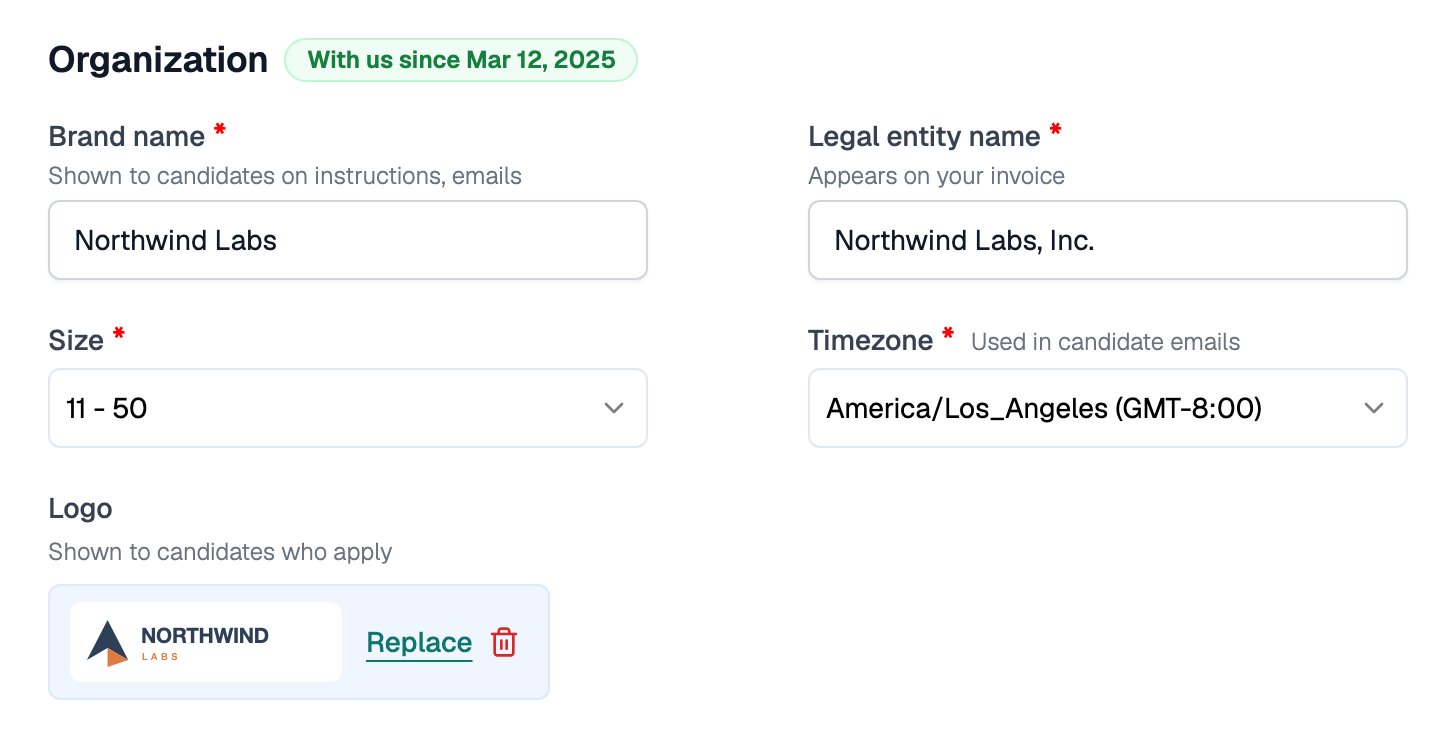 Organization section showing Brand Name, Legal Entity Name, Size, Timezone, Industry, and Default Dashboard filled in for Northwind Labs