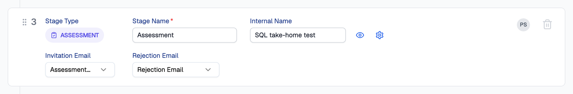 Assessment stage in the pipeline builder with Stage Name set to Assessment, Internal Name set to SQL take-home test, and Invitation Email and Rejection Email template dropdowns
