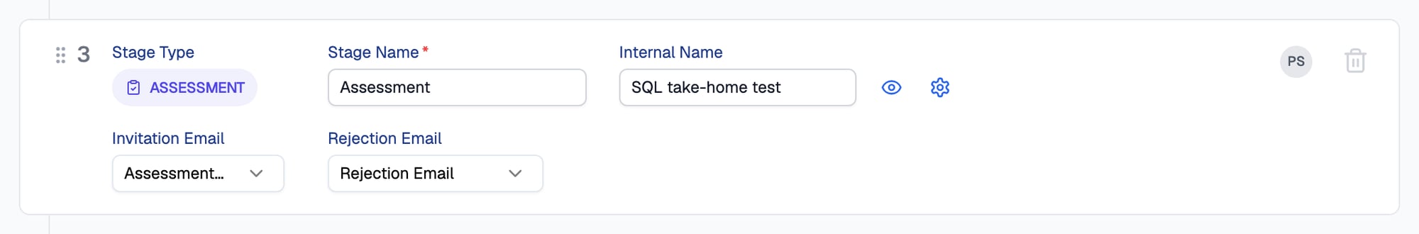 Assessment stage in the pipeline builder with Stage Name set to Assessment, Internal Name set to SQL take-home test, and Invitation Email and Rejection Email template dropdowns
