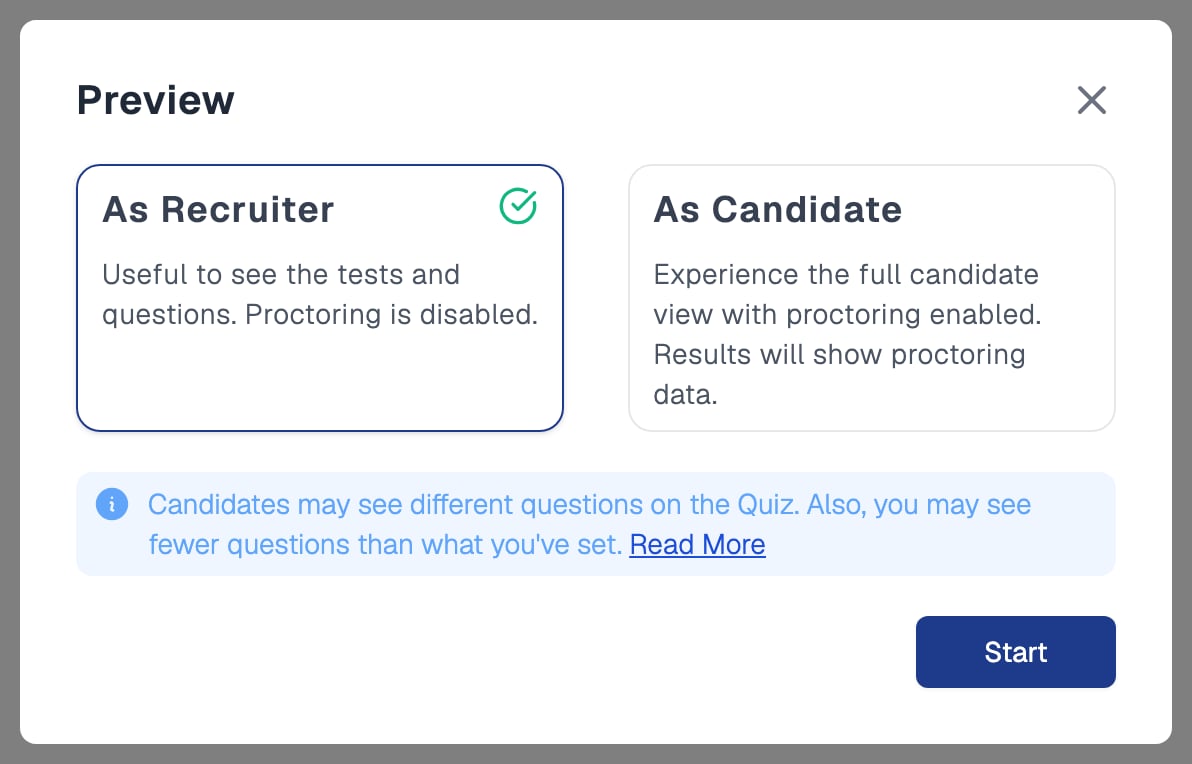 Preview dialog with two options, As Recruiter, useful to see the tests and questions with proctoring disabled, and As Candidate, the full candidate view with proctoring enabled, above a Start button