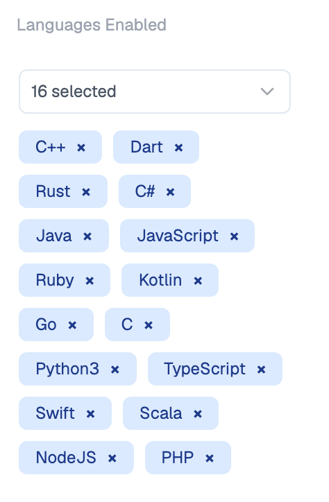 Languages Enabled picker on a programming test reading 16 selected, with a removable chip for each language including C++, Java, JavaScript, Python3, Go, Rust and TypeScript