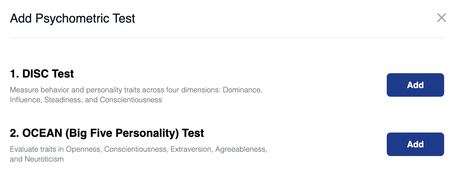 Add Psychometric Test dialog in the assessment builder listing the DISC test and the OCEAN (Big Five Personality) test, each with a short description and an Add button